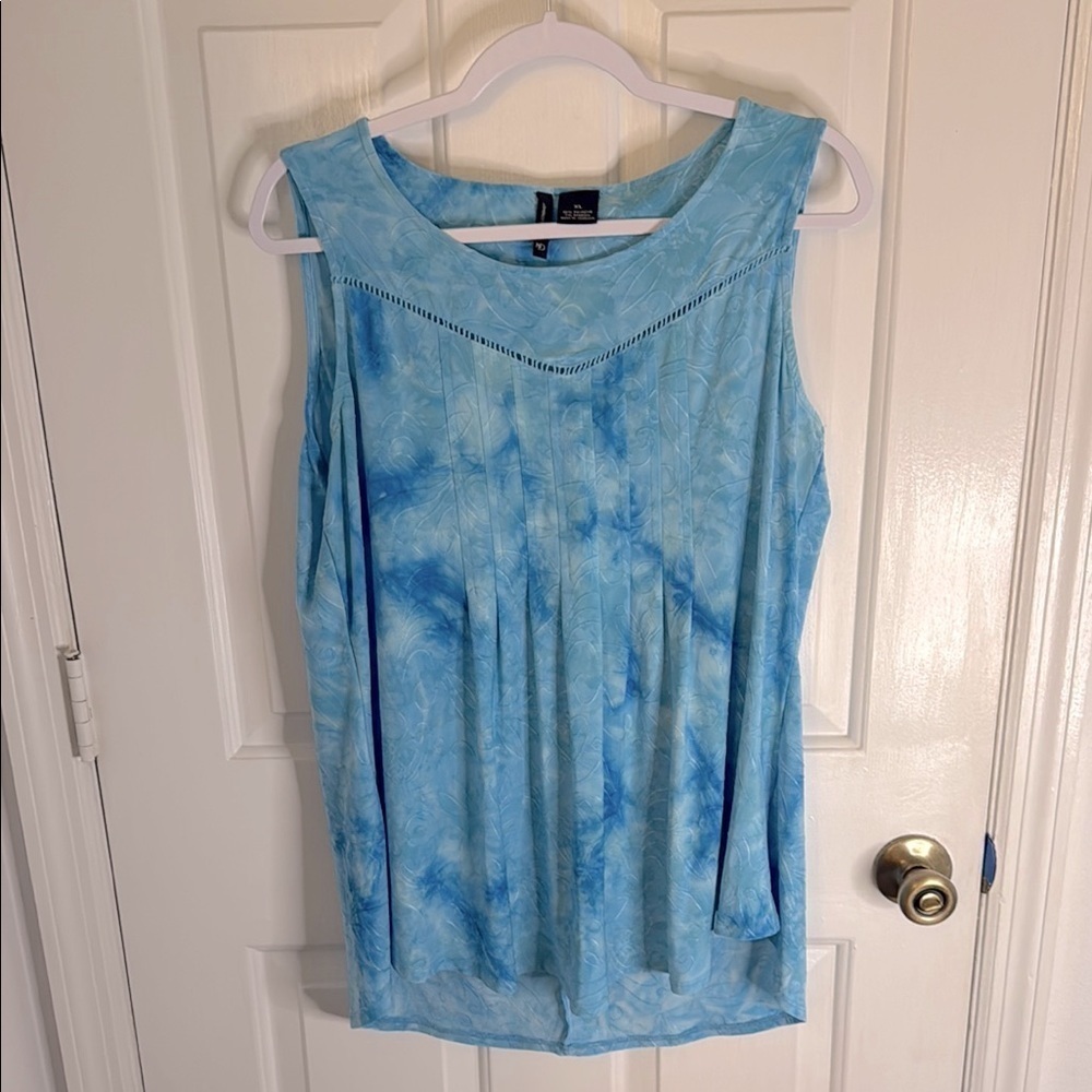 New Directions Blue Pleated Tank Top with Bib Collar, and Pleated Front
